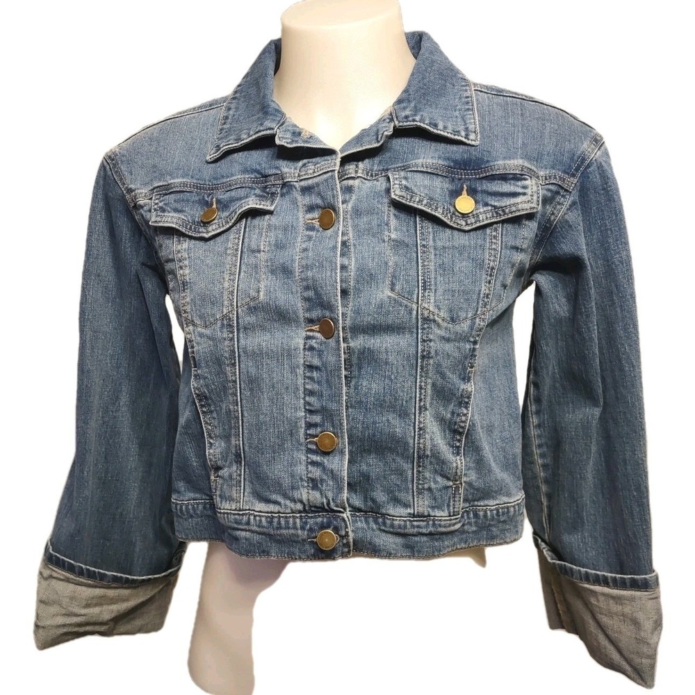 Mac and Me Denim Jacket Size M Womens Boho Norm Core Blue Cropped Stretch Button